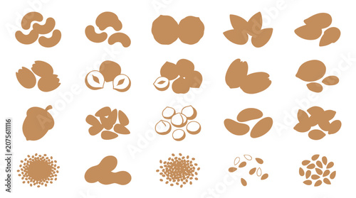 A grid of various nuts and seeds arranged in a clean, organized, monochromatic pattern.