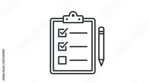 A minimalist black line art icon of a clipboard with a checklist and a pencil beside it.