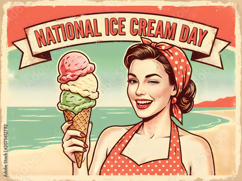 Pinup girl holding ice cream cone on beach for National Ice Cream Day poster