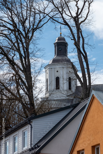 White church tower behind rooftops and bare trees