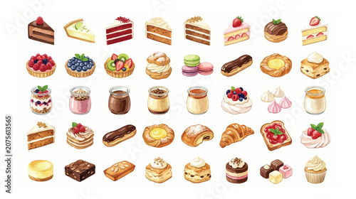 Watercolor dessert collection with 40 icons, sweet pastry and cake vector set, gourmet bakery treats and cafe menu illustrations on white background