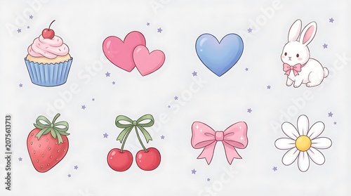 Cute kawaii sticker set with bunny cupcake heart strawberry cherry bow and flower elements for design