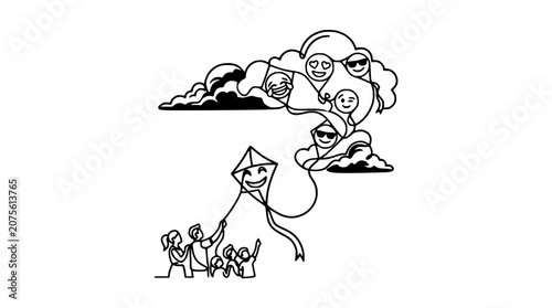 Bild auf Leinwand Happy family flying kite, dreaming of sunny day with smiling faces in clouds