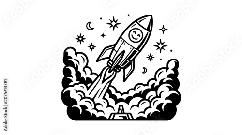 Happy Rocket Ship Launching into Starry Night Sky with Clouds
