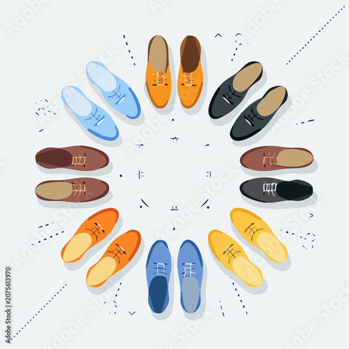 A stylish array of fashionable footwear, showcasing a diverse collection of men's shoes in various colors and designs, meticulously arranged in an elegant circular pattern