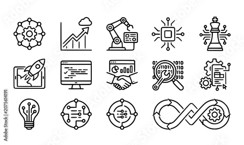 Enterprise automation digital transformation line icon vector collection featuring corporate software scaling strategy linear symbols