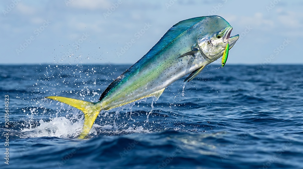 Obraz premium Mahi mahi dorado fish leaping from ocean water while being fished with lure in mouth splashing in sunlight.