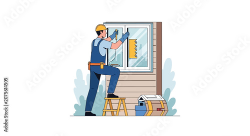 Professional Handyman Installing New Window in Residential House - Vector Illustration for Home Improvement, Renovation, and Maintenance Services