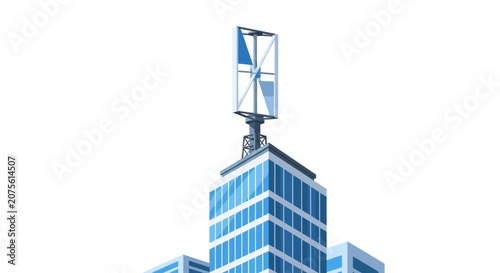 Sustainable Urban Architecture: Modern Blue Skyscraper with Integrated Vertical Axis Wind Turbine for Clean Renewable Energy Generation