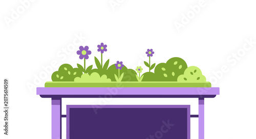 Sustainable Urban Design Illustration of a Bus Stop Shelter with a Living Green Roof Garden and Blooming Flowers