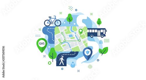 Modern City Navigation and Multi-Modal Transportation Concept Illustration with Map, Bus, Bicycle, and GPS Tracking Icons
