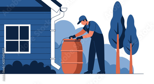 Man Installing Rainwater Collection Barrel for Sustainable Home Water Harvesting System