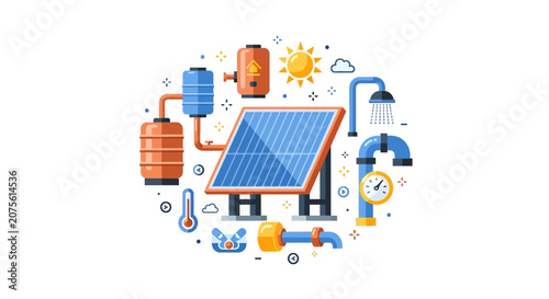 Flat Vector Illustration of Solar Energy System with Solar Panel, Water Heating Tanks, Pipes, and Shower Head for Sustainable Living and Renewable Power Concept
