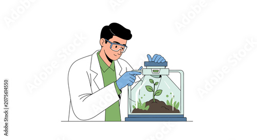 Scientist Researching Plant Growth in Laboratory Incubator Vector Illustration - Agricultural Biotechnology, Botany, and Sustainable Science Concept on White Background