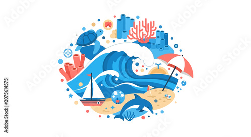 Ocean Life Flat Vector Illustration with Marine Animals Waves and Beach Vacation Elements