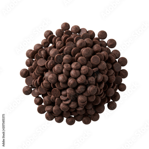 Premium dark chocolate callets, rich cocoa brown, semi-glossy, macro detail, dramatically lit on a transparent background with copy space. Concept of high-quality baking