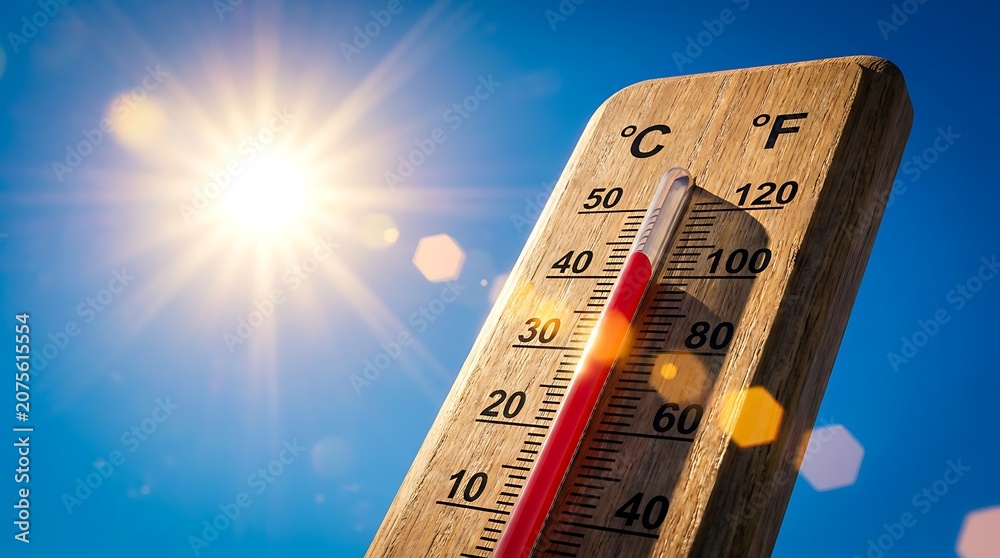 Fototapeta premium Sunny sky with thermometer showing high temperature indicating summer heatwave danger and extreme weather conditions across land.