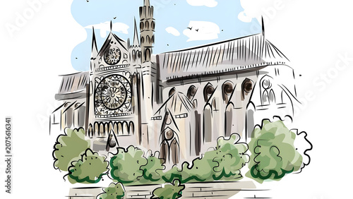 Hand Drawn Sketch Illustration of Gothic Cathedral Architecture in Paris