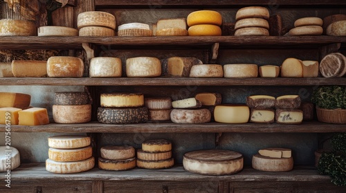 Extensive collection of different cheese wheels displayed on wide wooden racks.