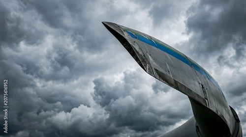 Airplane wingtip under dark stormy clouds