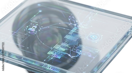 Futuristic camera lens with ai holographic interface and data nodes