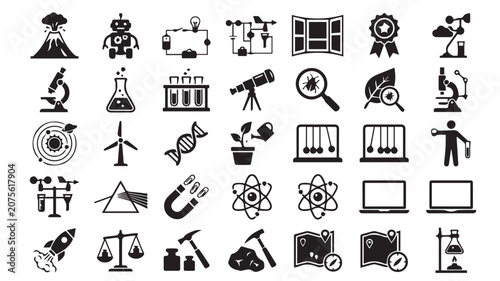 Photos Science icons display various laboratory equipment and research symbols in a clean black and white graphic style