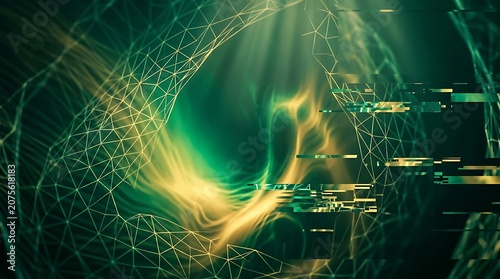 Abstract green and gold digital plexus network with glitch effect
