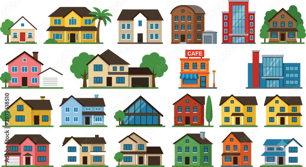 Naklejka premium Collection of Colorful Residential and Commercial Building Illustrations Featuring Houses Apartments and Modern Architecture Designs