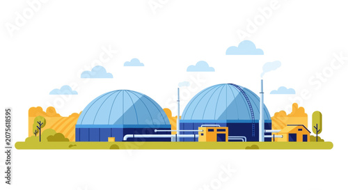 Modern Biogas Plant Illustration for Sustainable Energy Production. Flat Vector Design of Bioenergy Facility with Blue Domed Digesters and Rural Landscape.