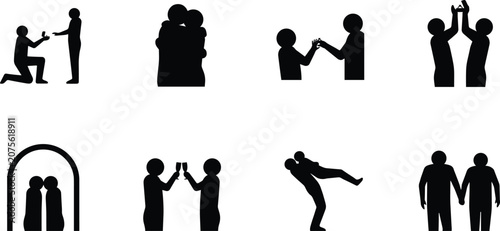 Romantic Relationship Silhouette Vector Set of Couples in Love and Celebration Scenes