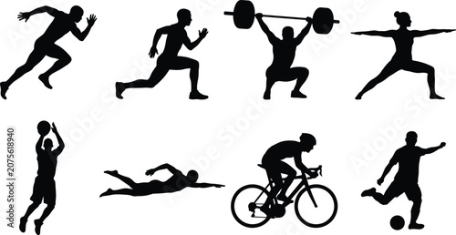 Sports and Fitness Silhouette Vector Set of Athletes in Exercise and Game Activities