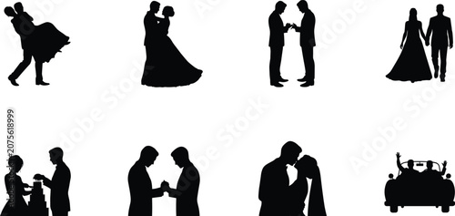 Wedding Silhouette Vector Set of Couples in Romantic and Celebration Moments