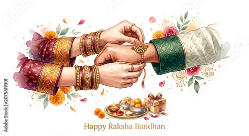 Happy Raksha Bandhan Celebration Artwork Featuring Sibling Bond, Rakhi and Festive Floral Design.