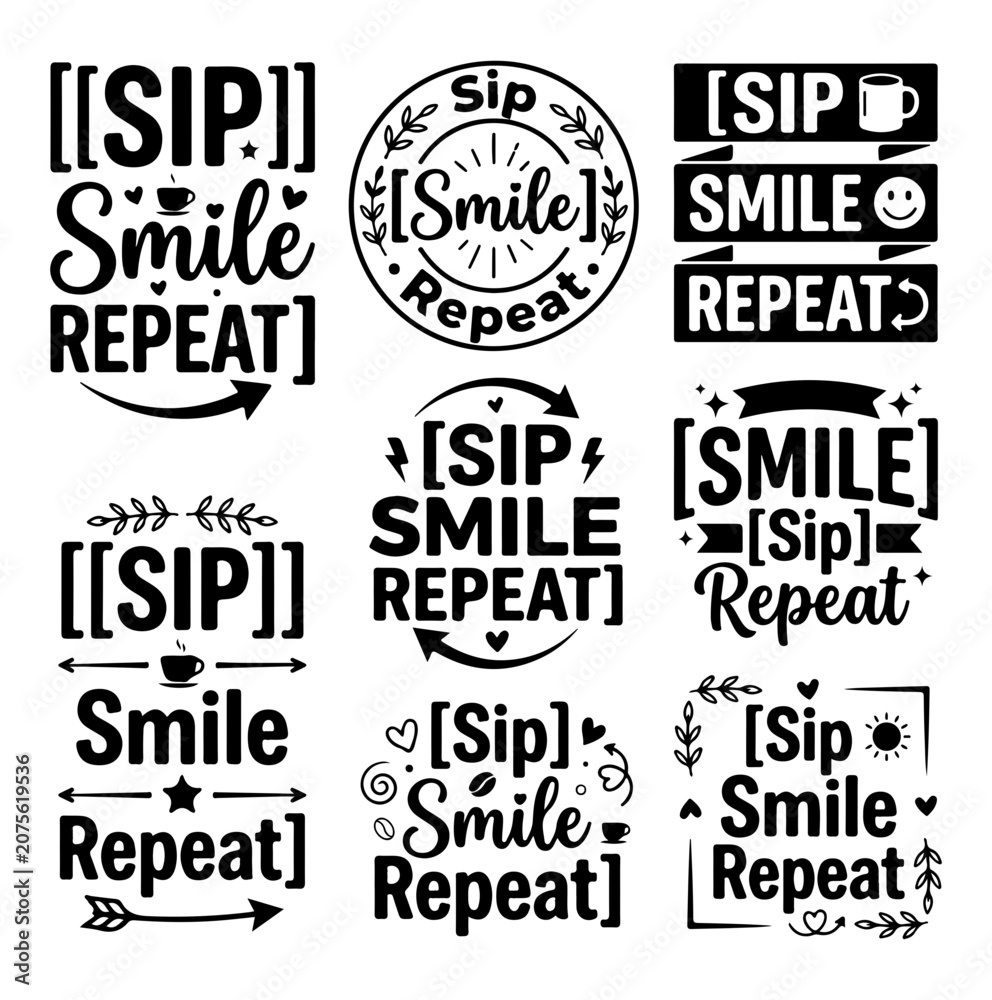 Obraz premium Black sip smile repeat typography vector icons, set of 9, coffee cup phrases, social media quotes