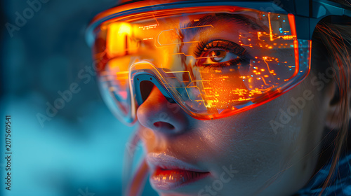Conceptual Digital Artwork of Woman with AR Glasses Displaying Holographic Technology, Modern Virtual Environment
