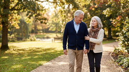 Senior Couple Walking in Autumn Park Supporting Memory Awareness