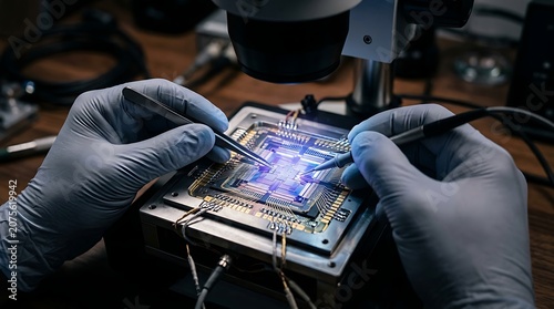 Technician hands working on advanced microchip under microscope