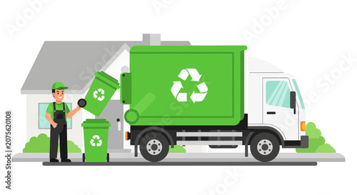 Recycling Truck and Waste Management Worker Collecting Bins near House Vector Illustration