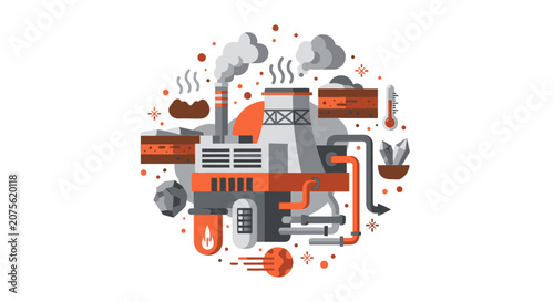 Geothermal Power Plant and Industrial Energy Production Concept Illustration with Earth Layers and Cooling Tower