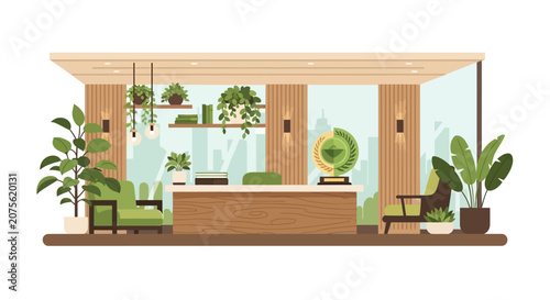 Modern Eco-Friendly Office Reception Area Illustration with Biophilic Interior Design, Sustainable Workspace, Indoor Plants, and City View