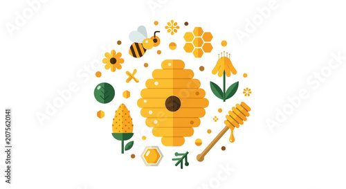 Flat Vector Beekeeping Illustration Featuring Honeycomb, Beehive, Honey Dipper, Flowers, and Bee in a Circular Concept Design on White Background