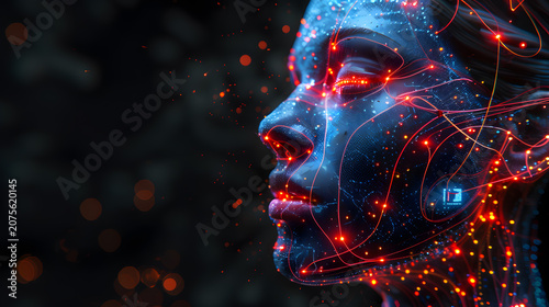 Conceptual Digital Artwork of Cybernetic Head with Data Ports and Cables, Dark Background, Neon Glow, Advanced Technology Theme