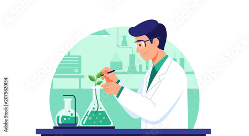 Male scientist in white coat conducting plant research in laboratory, biotechnology and ecology concept vector illustration