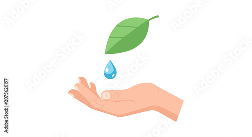 Sustainable Water Conservation Concept: Water Drop Falling from Green Leaf into Human Hand, Symbolizing Ecology, Resource Protection and Environmental Care