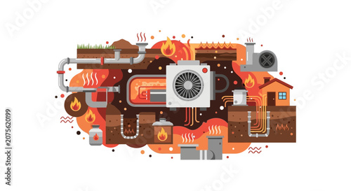 Geothermal Energy System Infographic Illustration showing Ground Source Heat Pump Technology for Sustainable Home Heating and Cooling Renewable Eco-Friendly Power Concept
