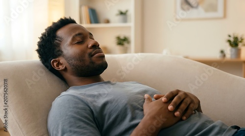 Peaceful black man sleeping on a comfortable couch in a living room