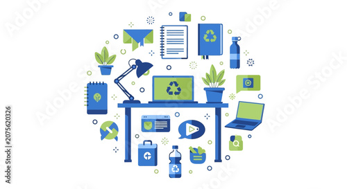 Sustainable Workplace and Eco-friendly Home Office Vector Illustration Featuring Recycling Icons, Plants, and Green Technology for Environmental Responsibility