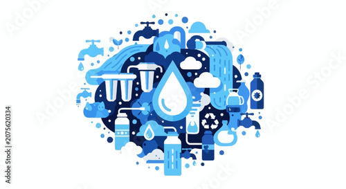 Eco-friendly Water Management Concept Illustration with Purification Filters, Recycling Icons, and Conservation Symbols in Blue Tones