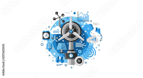 Sustainable Wind Energy and Meteorological Data Analysis Illustration with Flat Icons of Wind Turbine, Solar Panels, and Weather Forecasting Charts