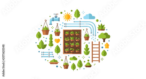 Sustainable Vertical Gardening and Urban Farming Illustration with Irrigation System and Plants